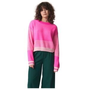 Brodie Marlie Plaited Cashmere Crew Sweater Sz S Barbie Pink Candy Contrast